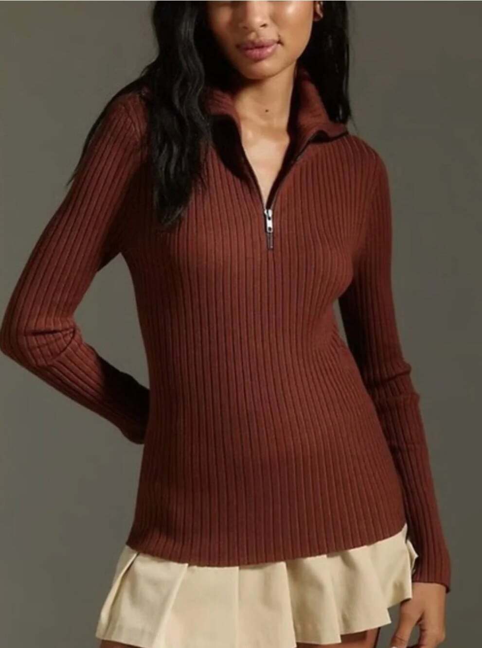 Anthropologie Maeve Ribbed Fitted Half-Zip Sweater in Brown Size Medium